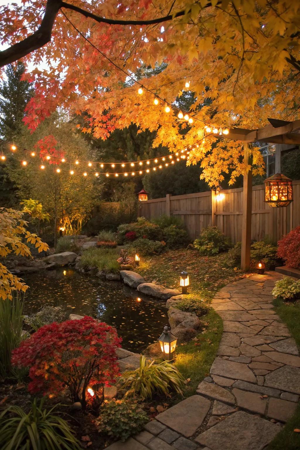 Outdoor lighting enhances the enchanting atmosphere of fall.