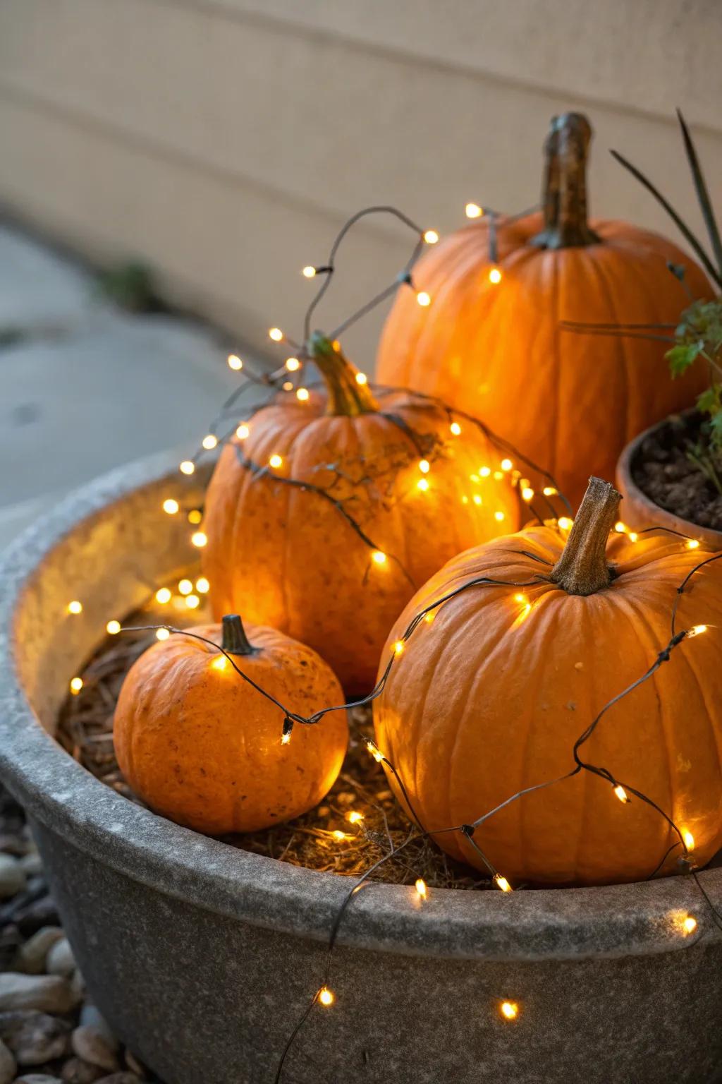 Fairy lights add a touch of magic to pumpkin planters.