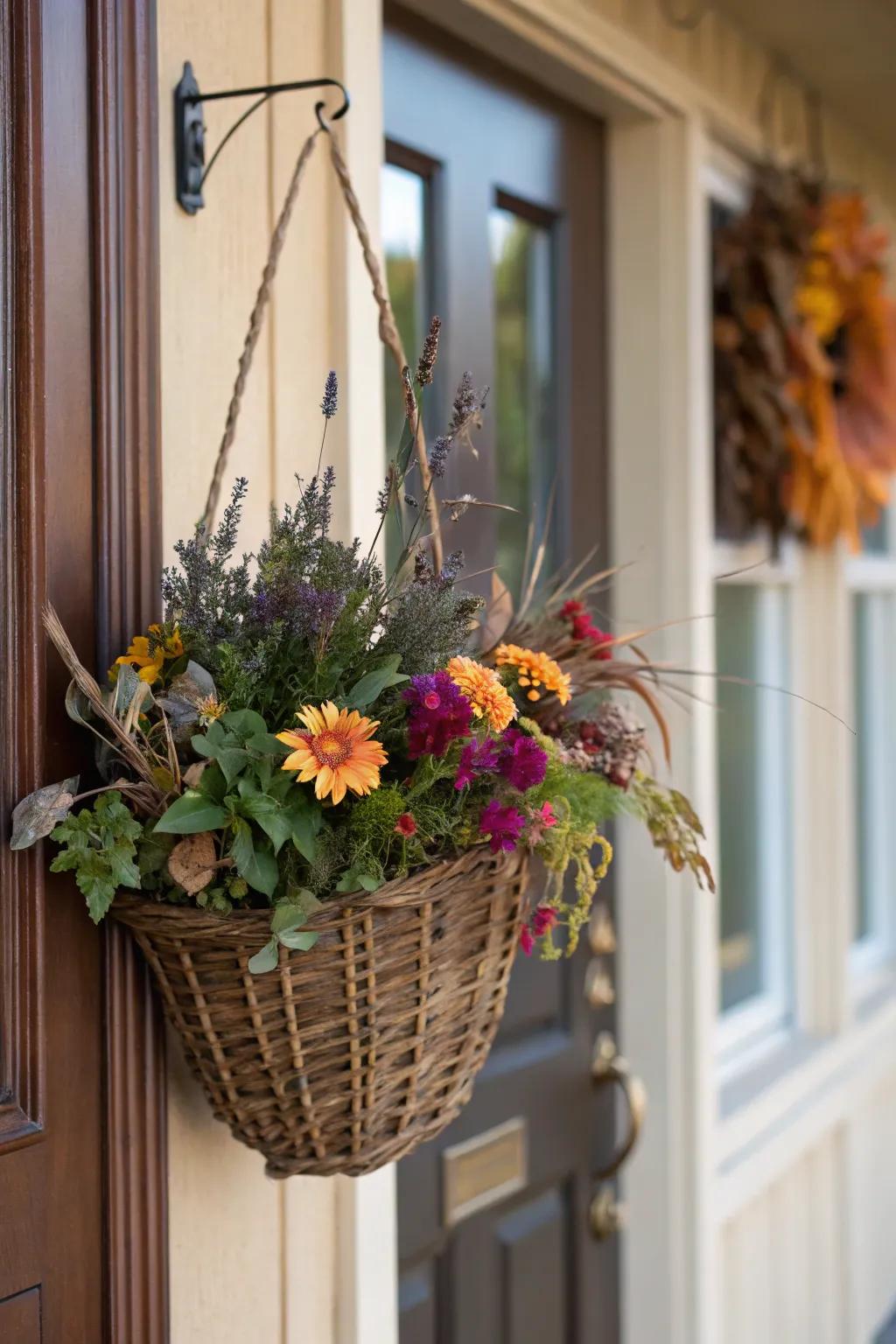 A container of blossoms proposes a crisp, colorful substitute for the traditional foliage.