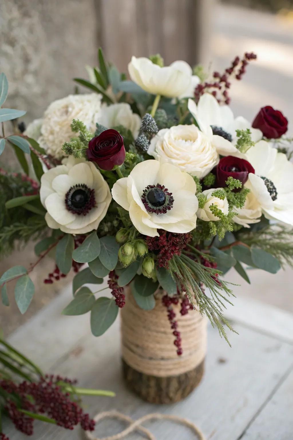 Ivory anemones bring modern elegance with their striking contrast.