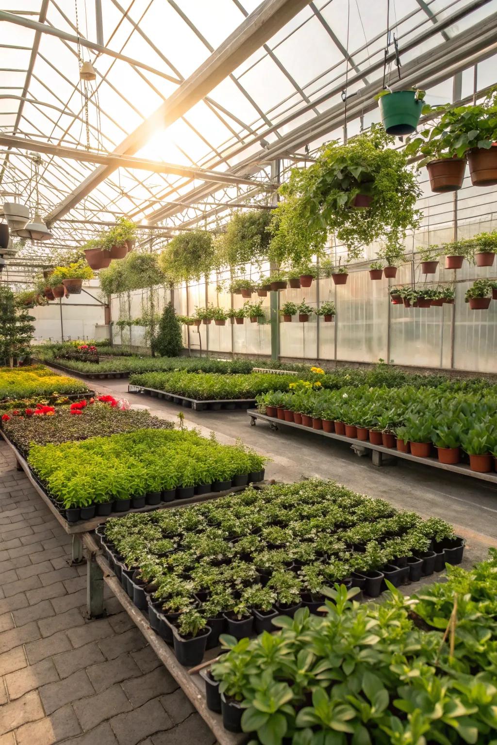 A bustling glasshouse, perfect for nurturing plants year-round.