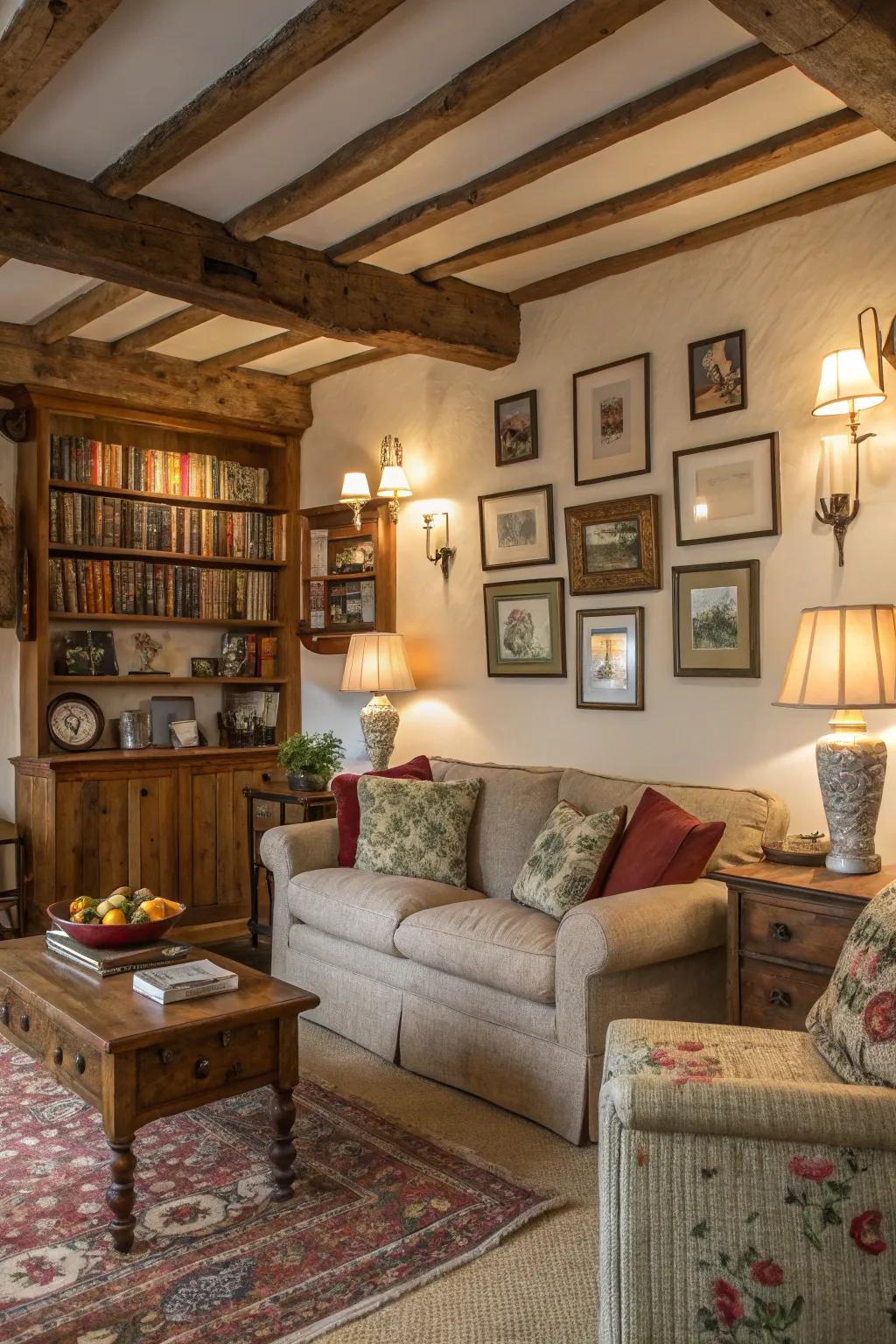 Rustic wall adornments infuse distinctiveness and focal points into this living area.