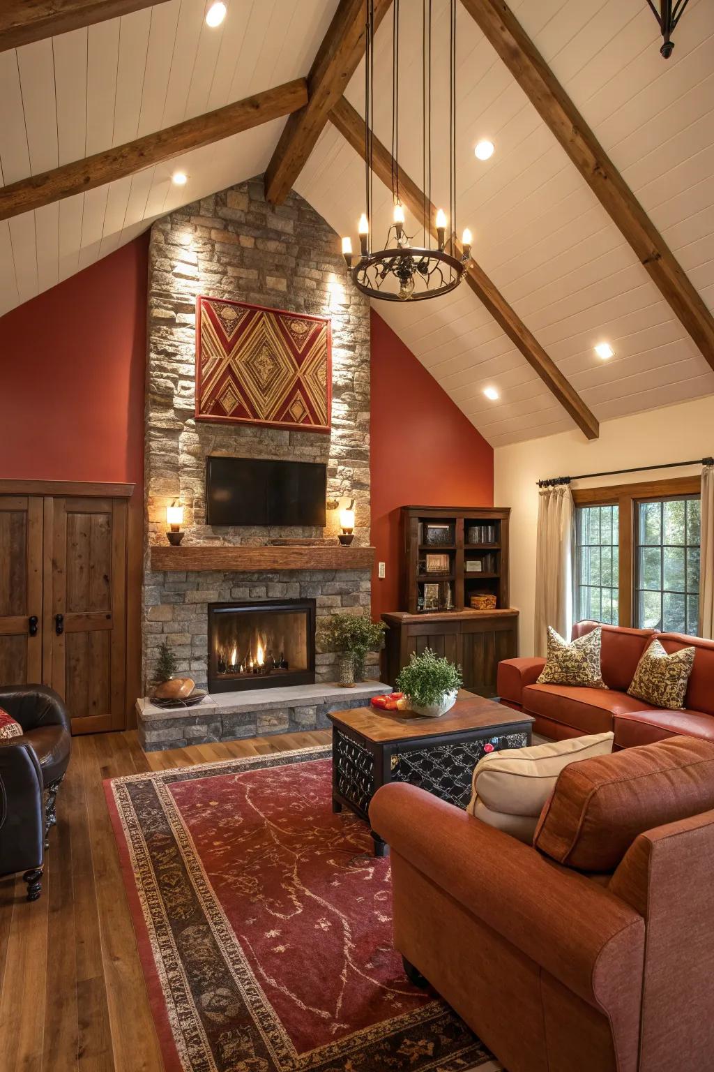 A bold accent wall highlighting a fireplace in a living room.