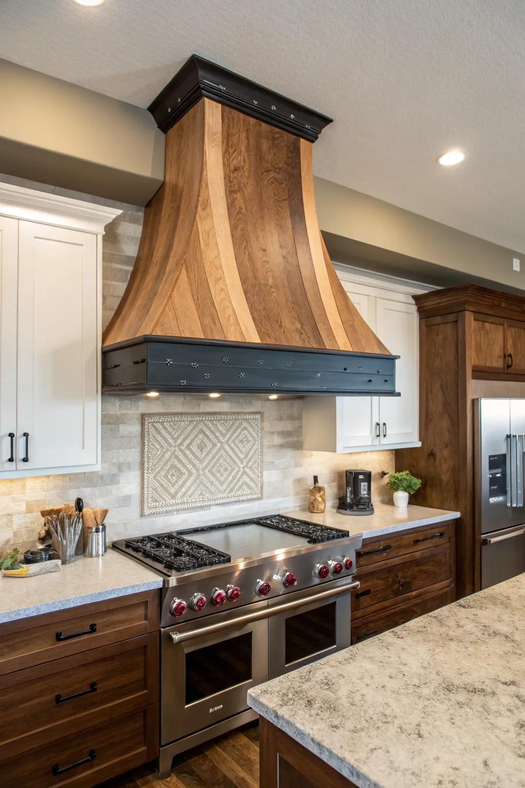 A two-tone range hood adds visual interest and depth.