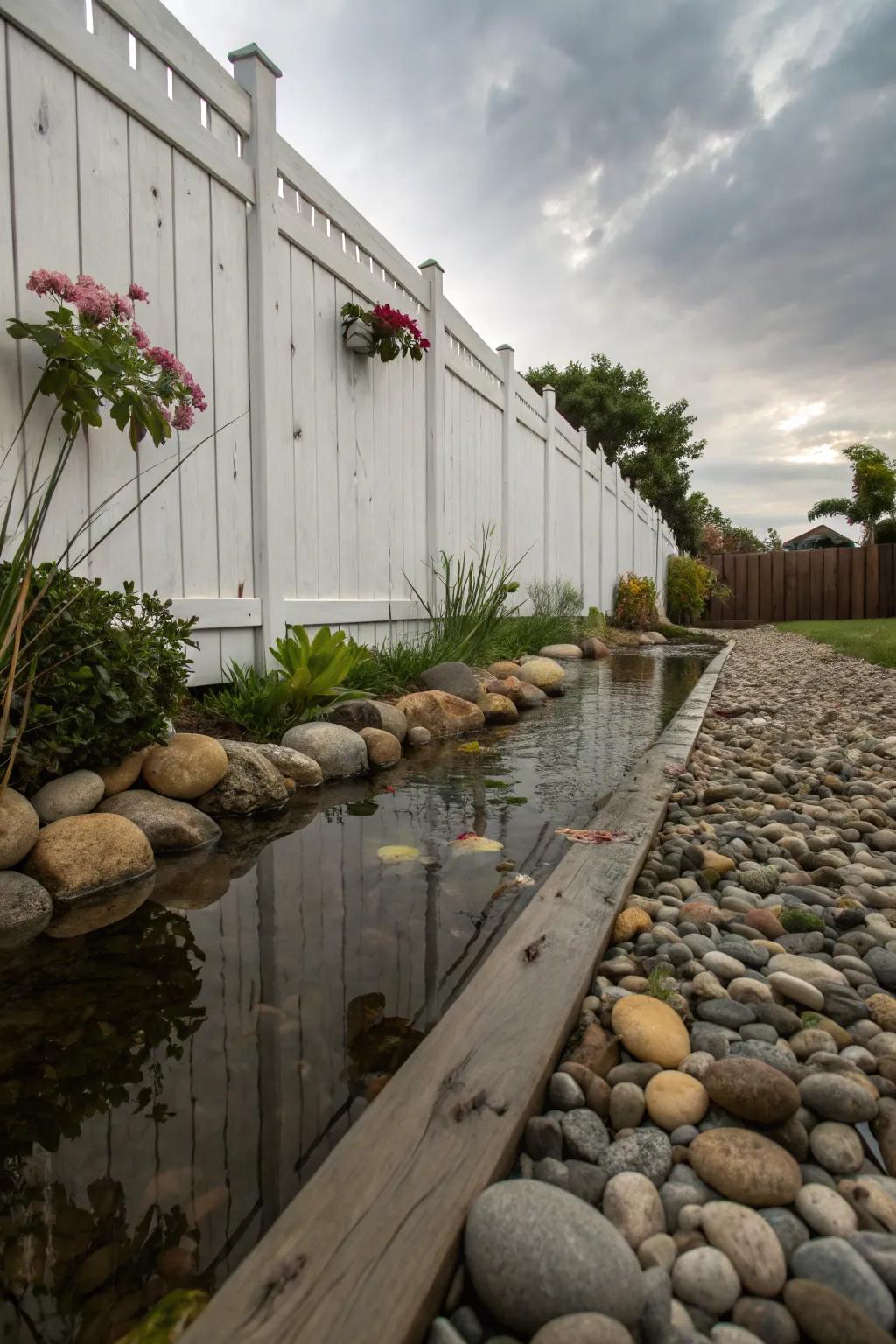 A pebble moat contributes texture and fascination to your fence.