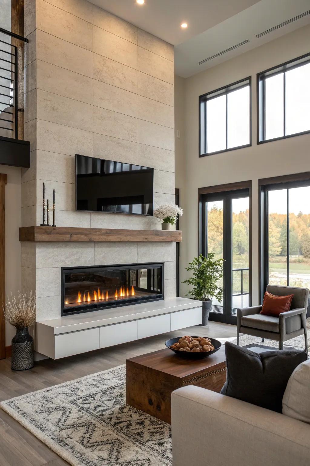 A floating mantel adds a sleek and modern flair to the fireplace.
