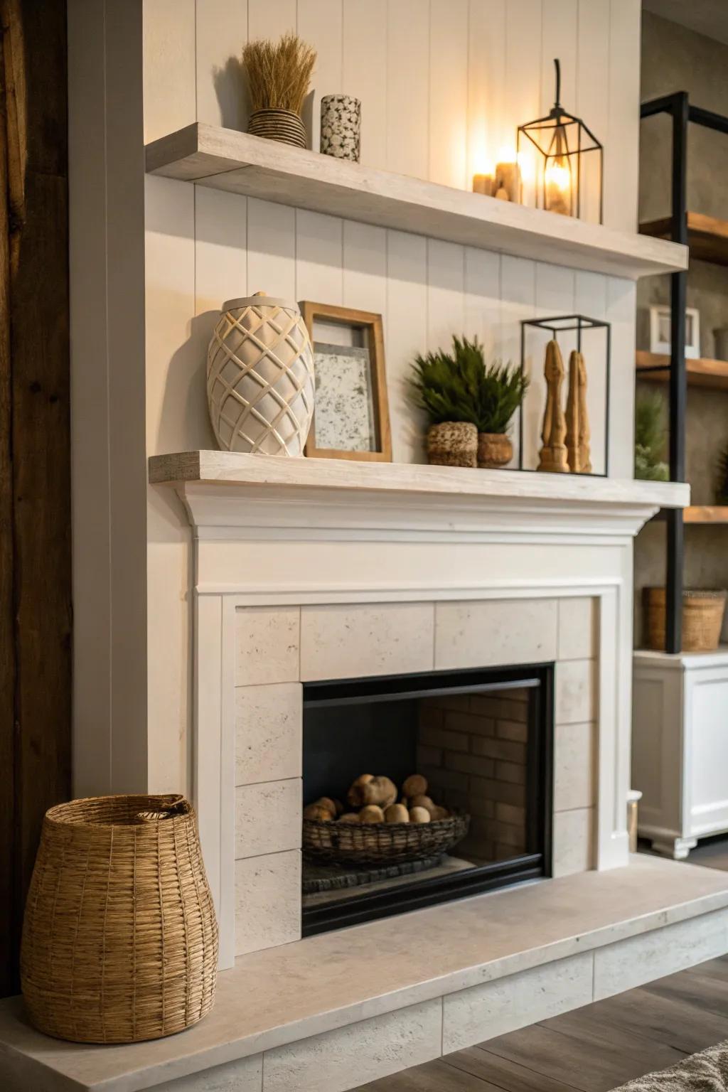 Free-hanging boards provide a streamlined, contemporary look surrounding the fireplace.