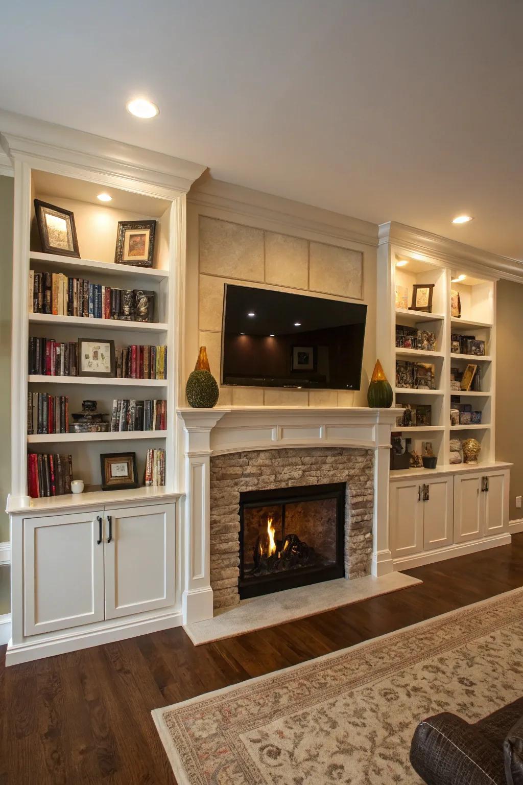 Family room showcasing symmetrical built-ins around a fireplace wall and TV.