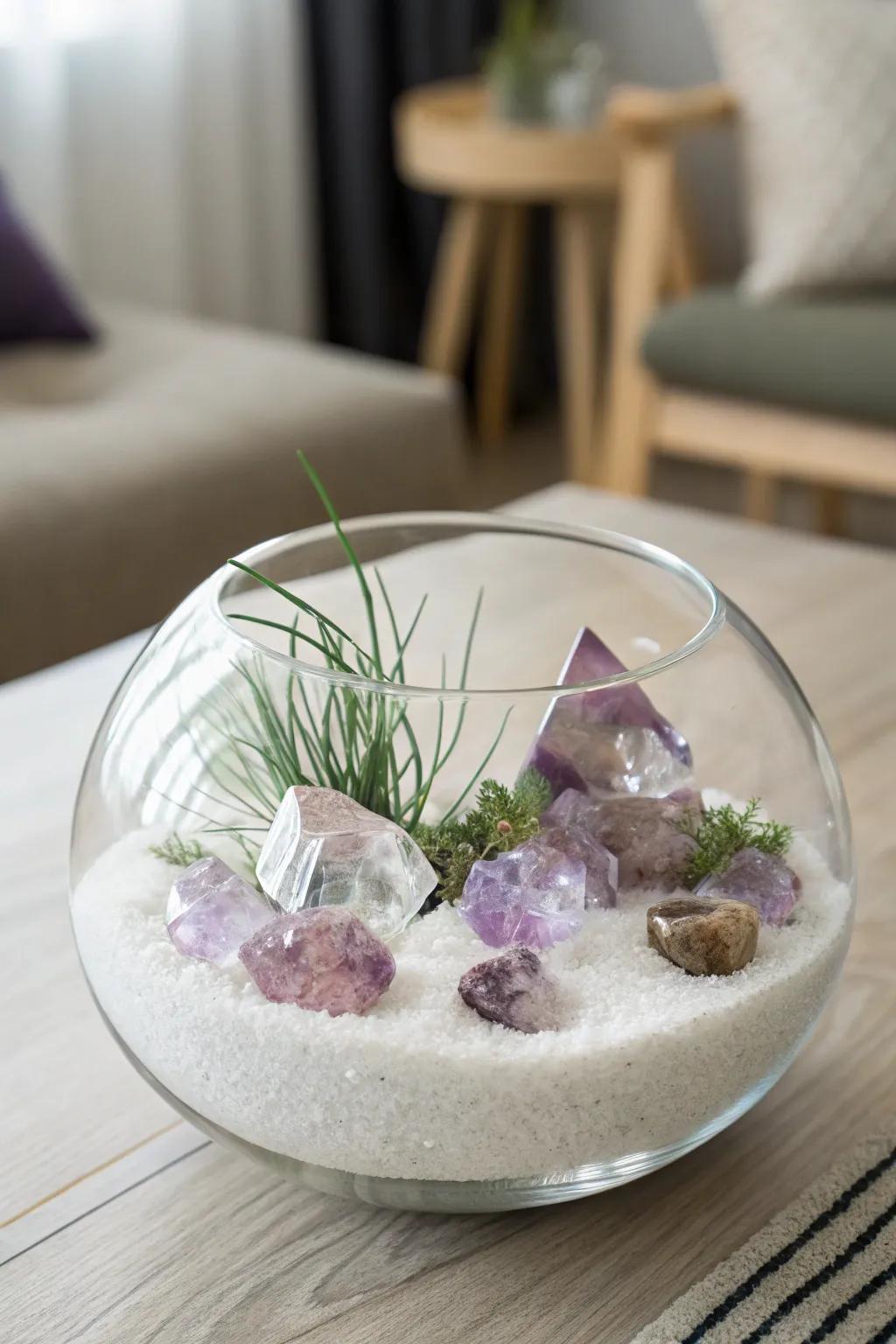 Discover serenity and elegance with a crystal-adorned terrarium—a perfect blend of minimalist style and boho charm.