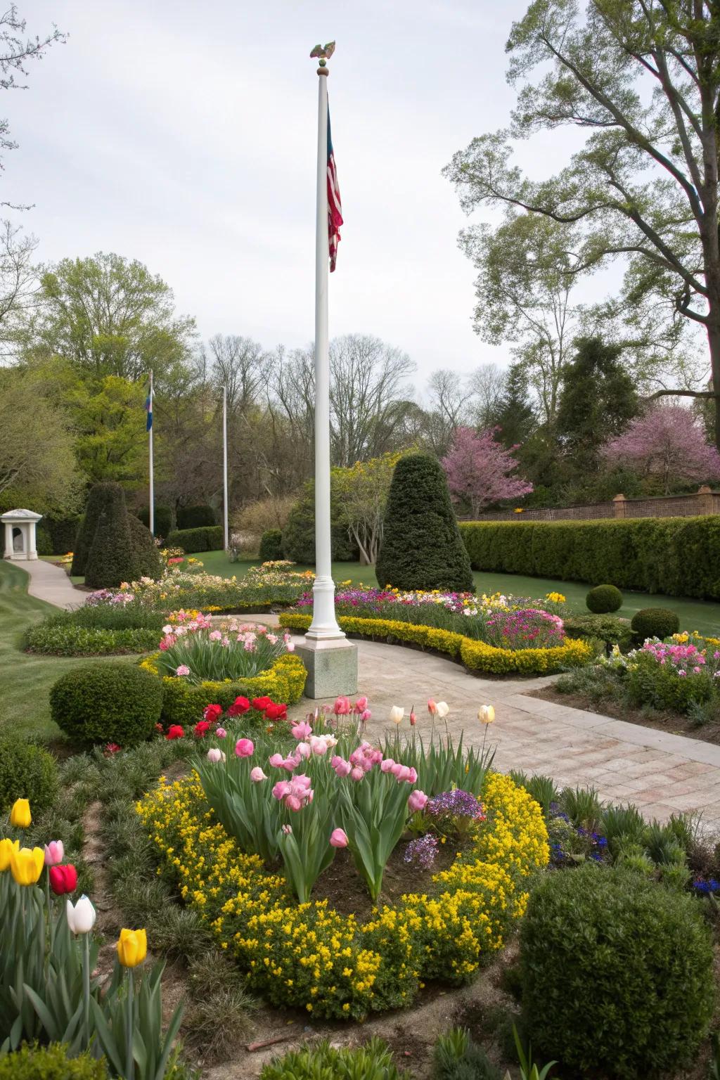 Seasonal plants keep a flagpole landscape lively year-round.
