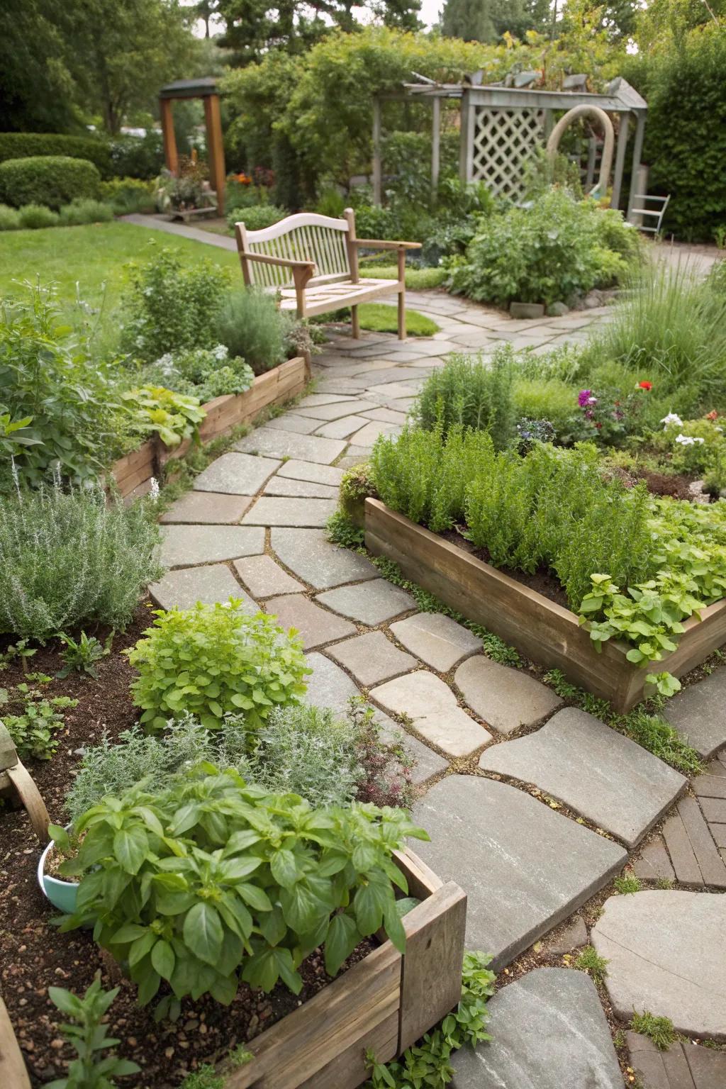 Flagstone edging lends a quaint touch to herb gardens.