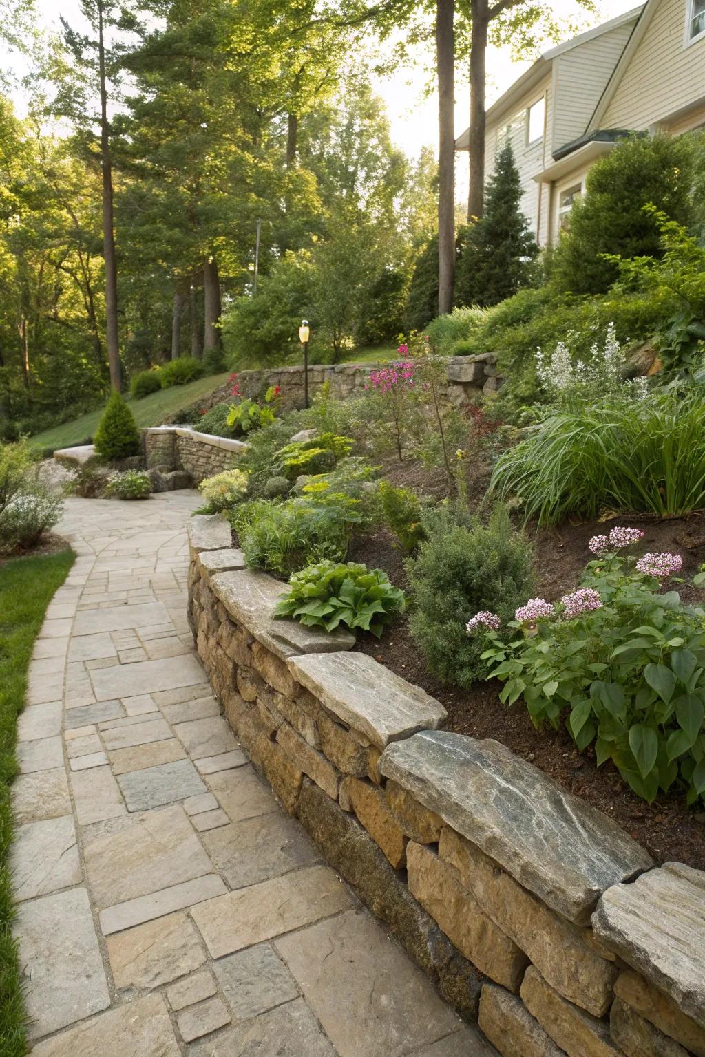 A flagstone retaining wall adding dimension to the garden.