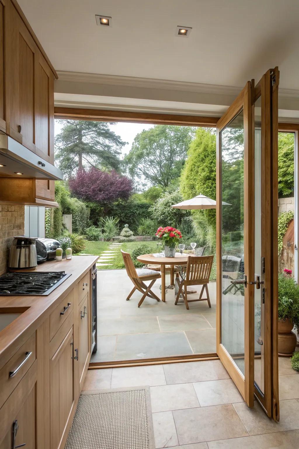 A smooth transition between indoor and outdoor spaces in the kitchen.