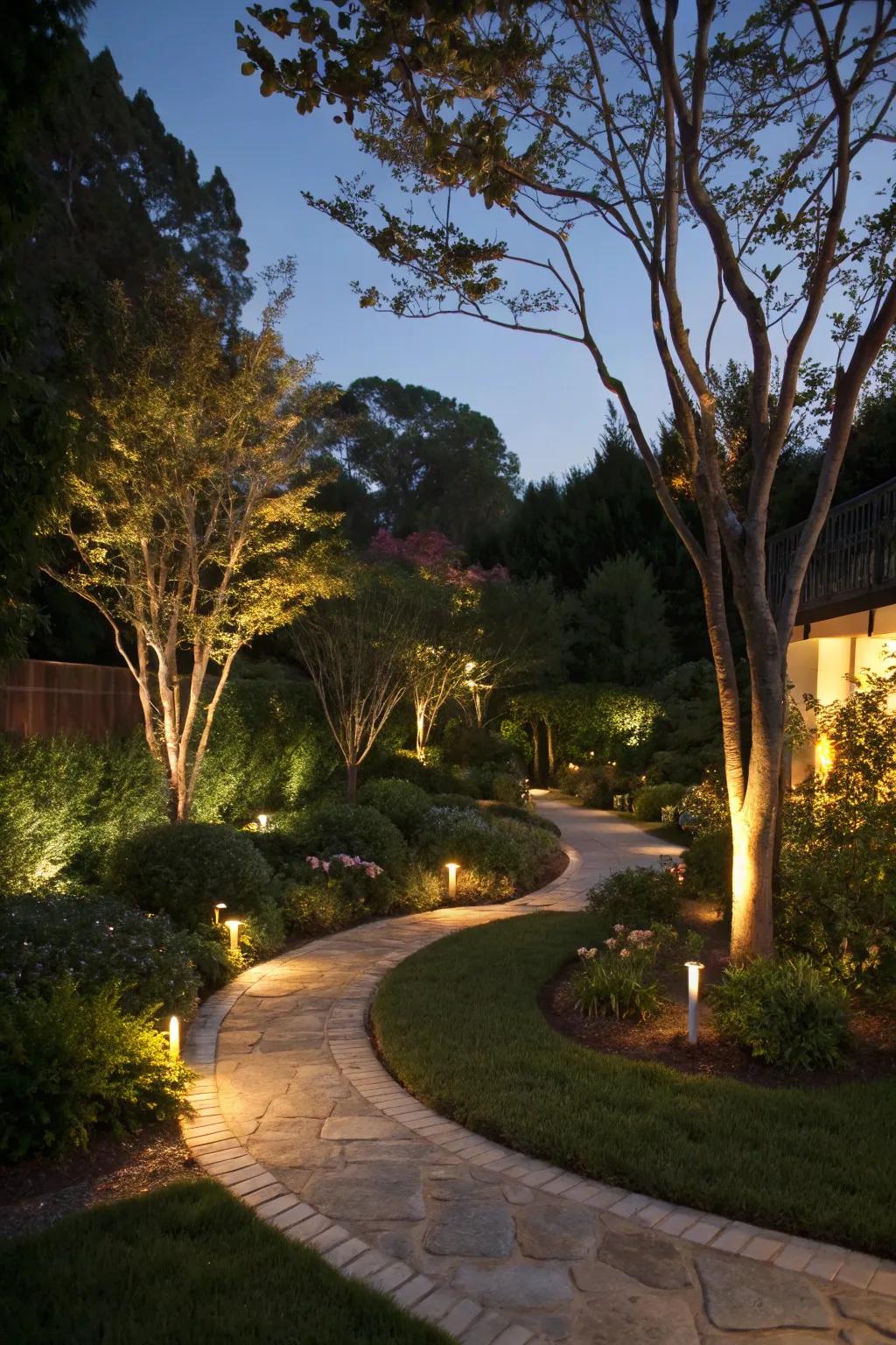 Outdoor lighting beautifully transforms gardens at night.