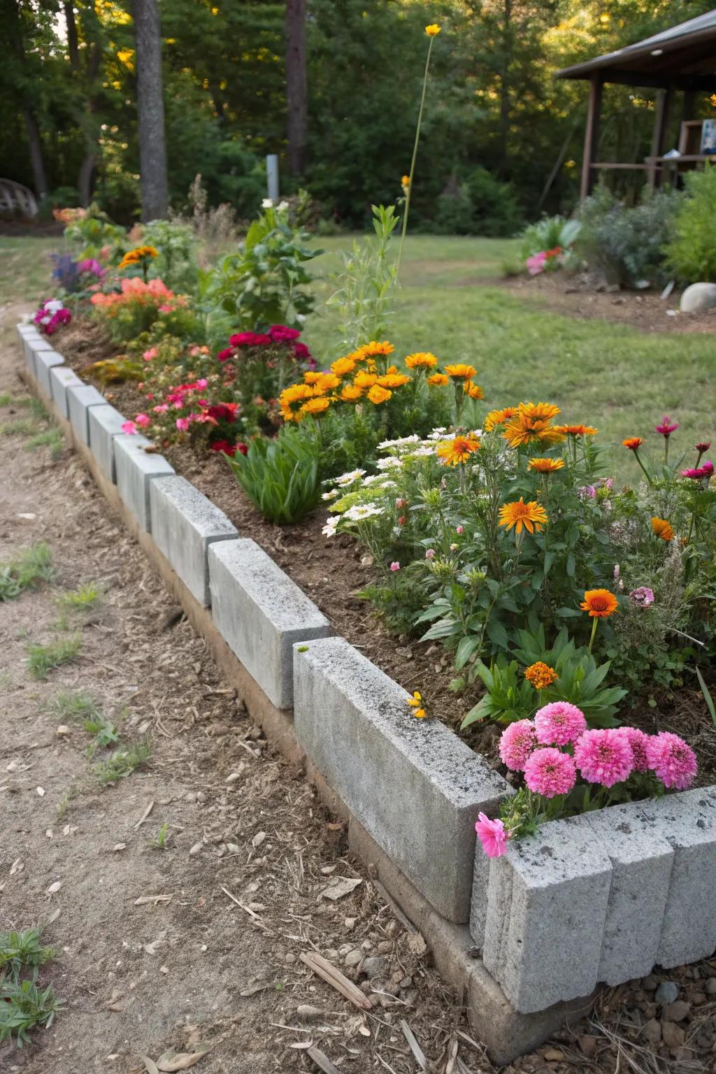 Concrete blocks furnish a steadfast and earthy flower bed border.