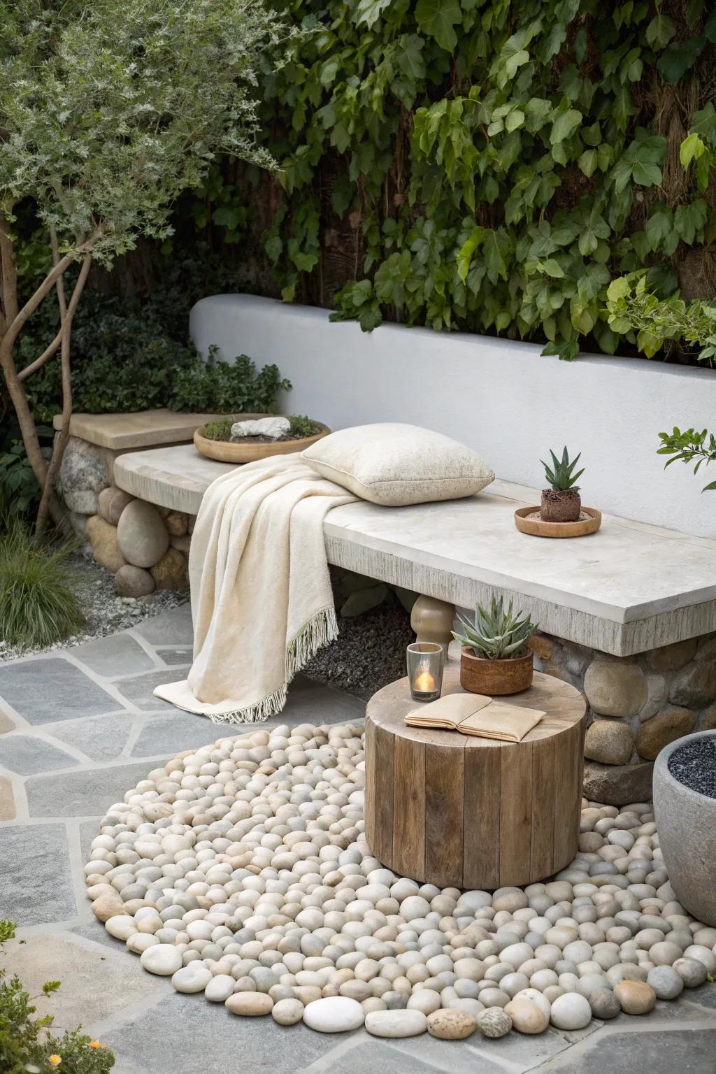 Transform your garden with a serene hardscape retreat, where simplicity meets natural beauty.