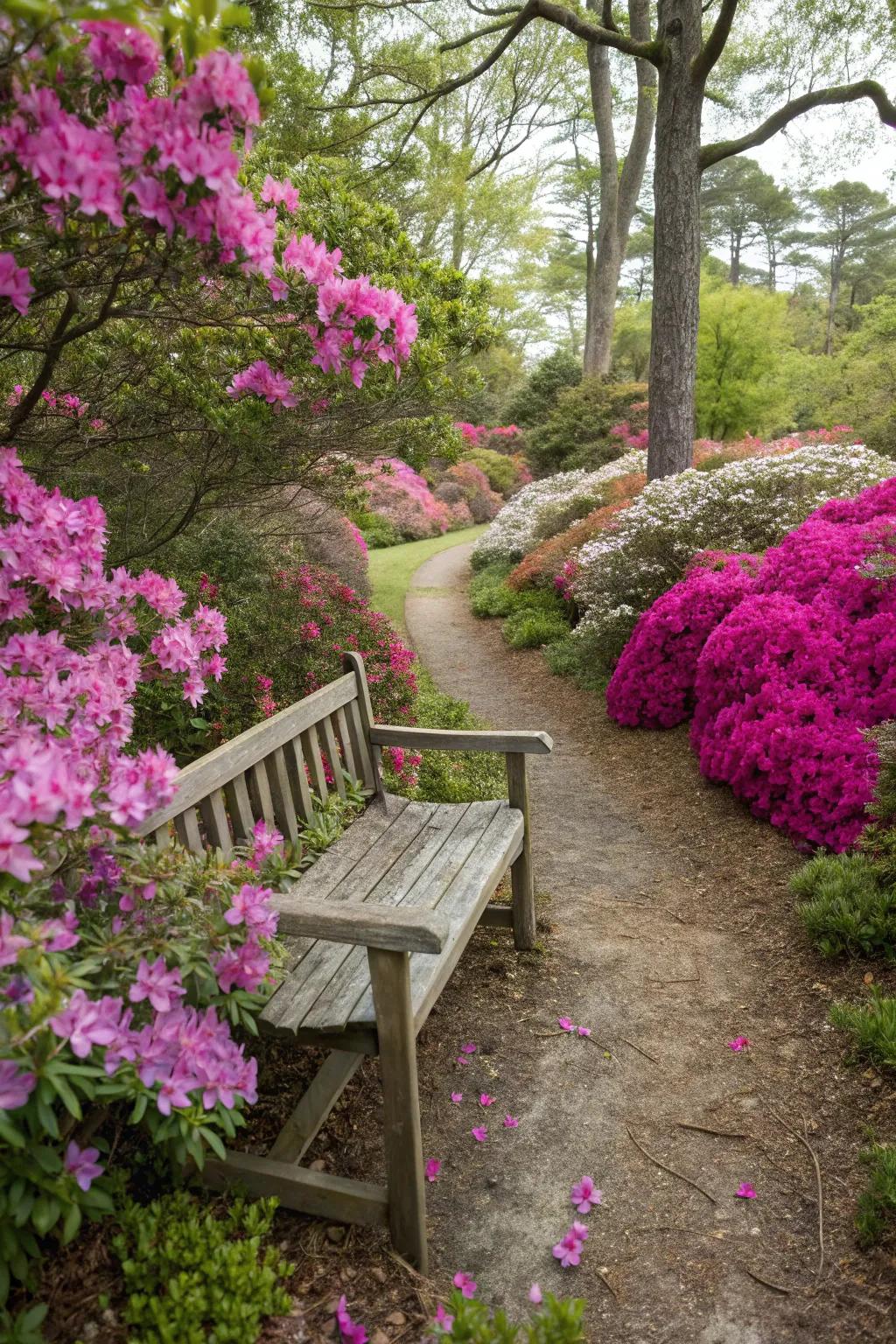 Relax in a cozy corner surrounded by beautiful flowering bushes.