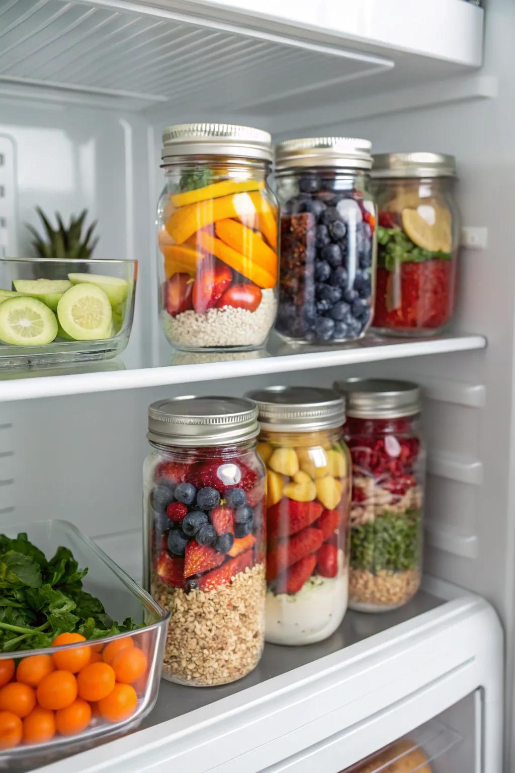 Mason jars provide a neat and uniform storage solution.