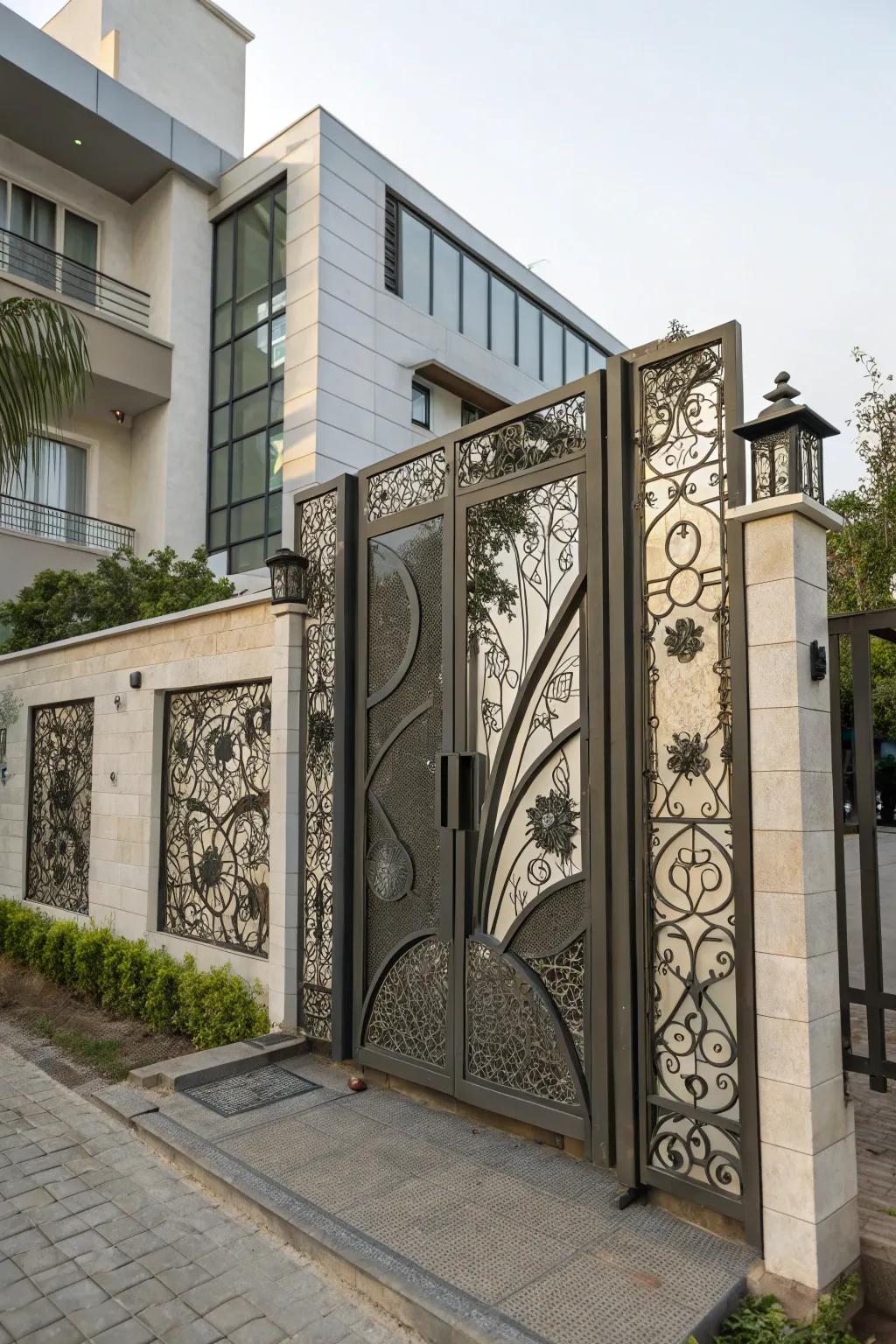 Artistic metalwork transforms gates into creative statements.