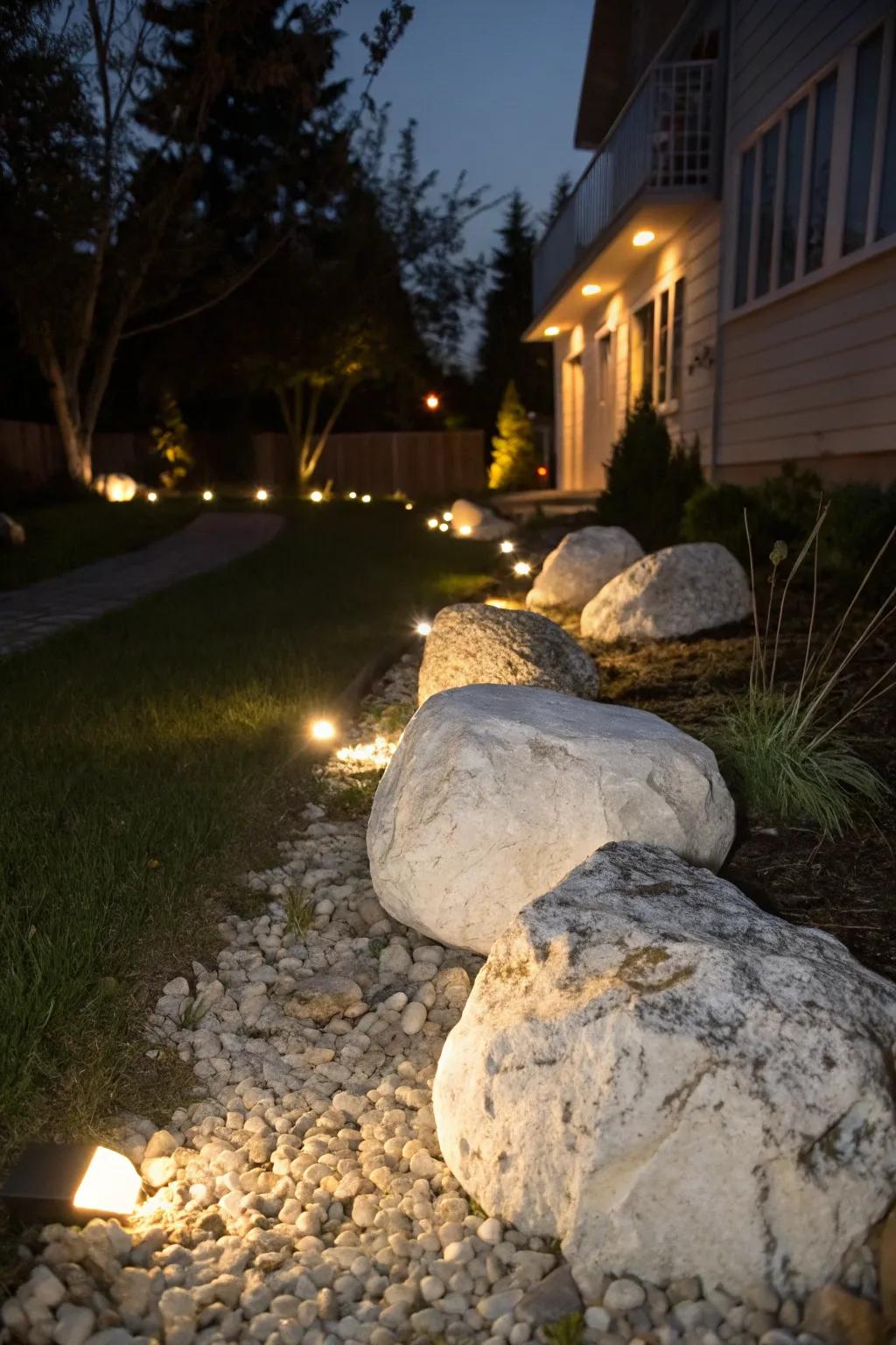 Create a magical glow with white rocks and lighting.