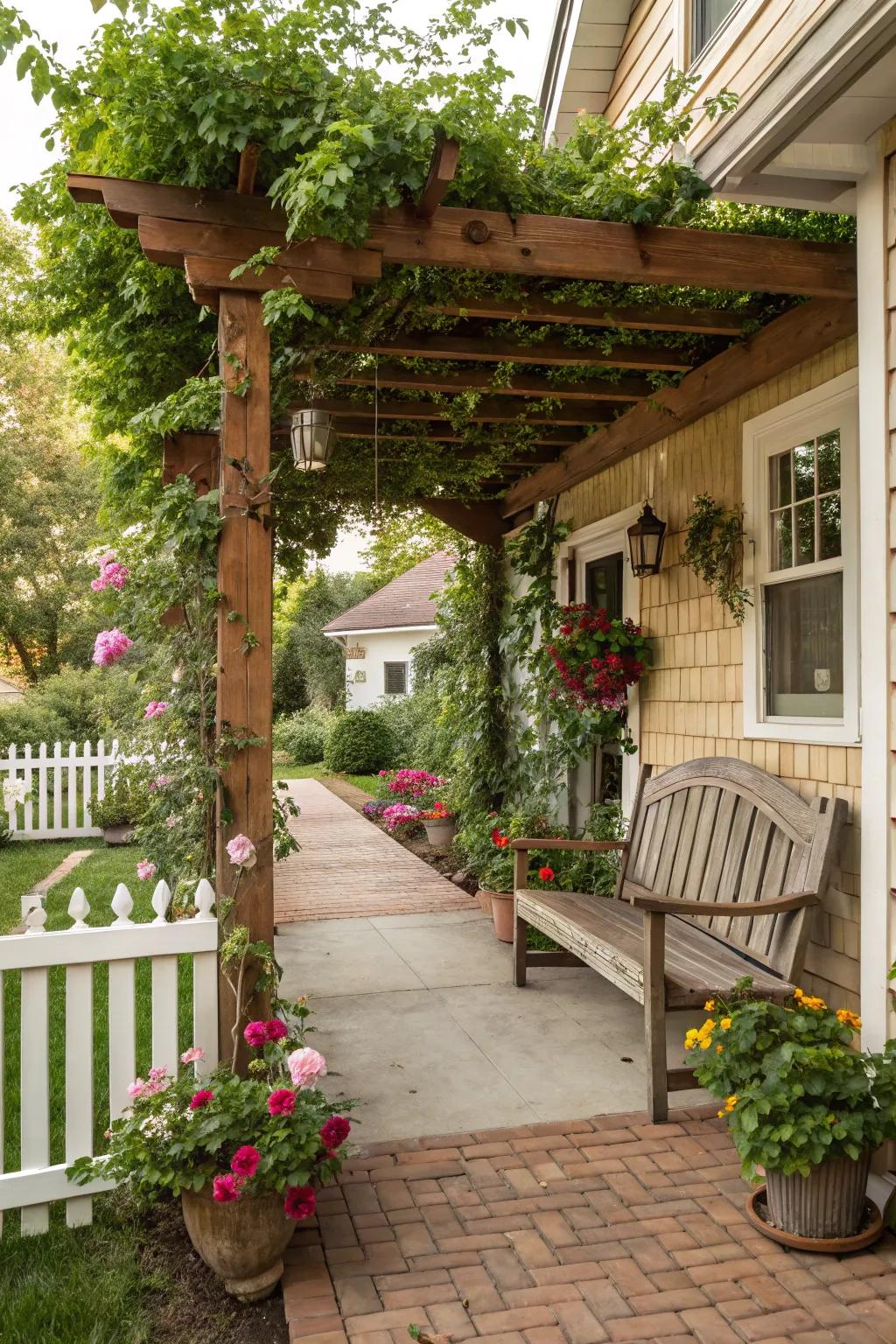 A pergola adds an unexpected architectural element.