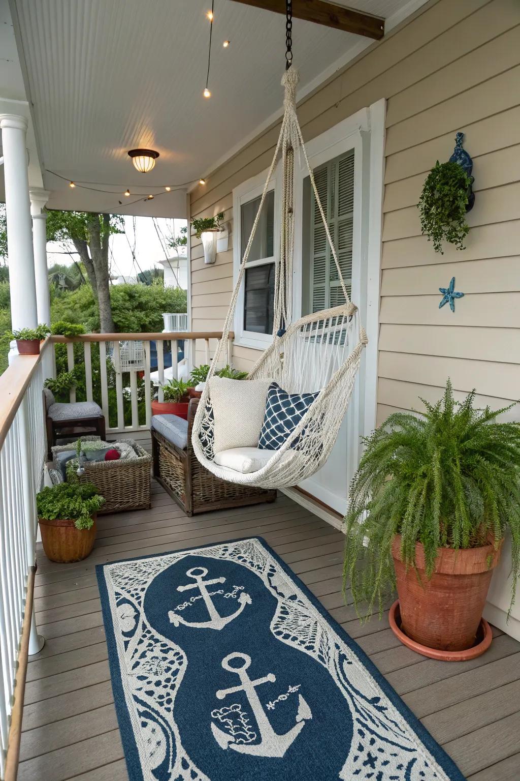 Maritime motifs evoke a serene coastal atmosphere.