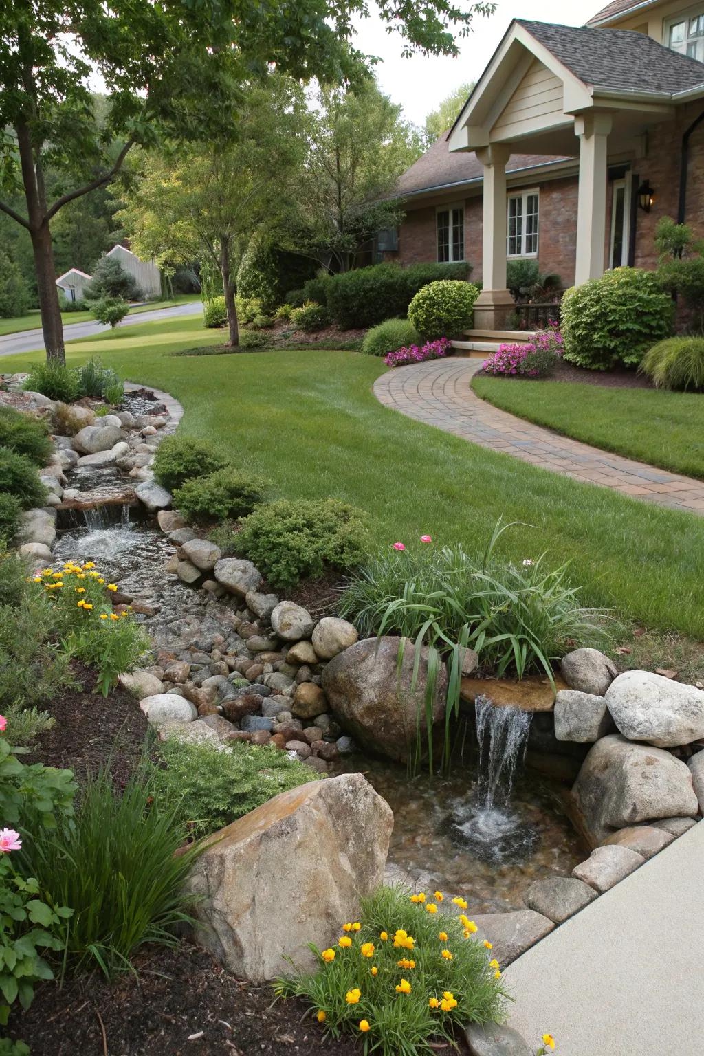 A water feature adds a peaceful element to your berm.