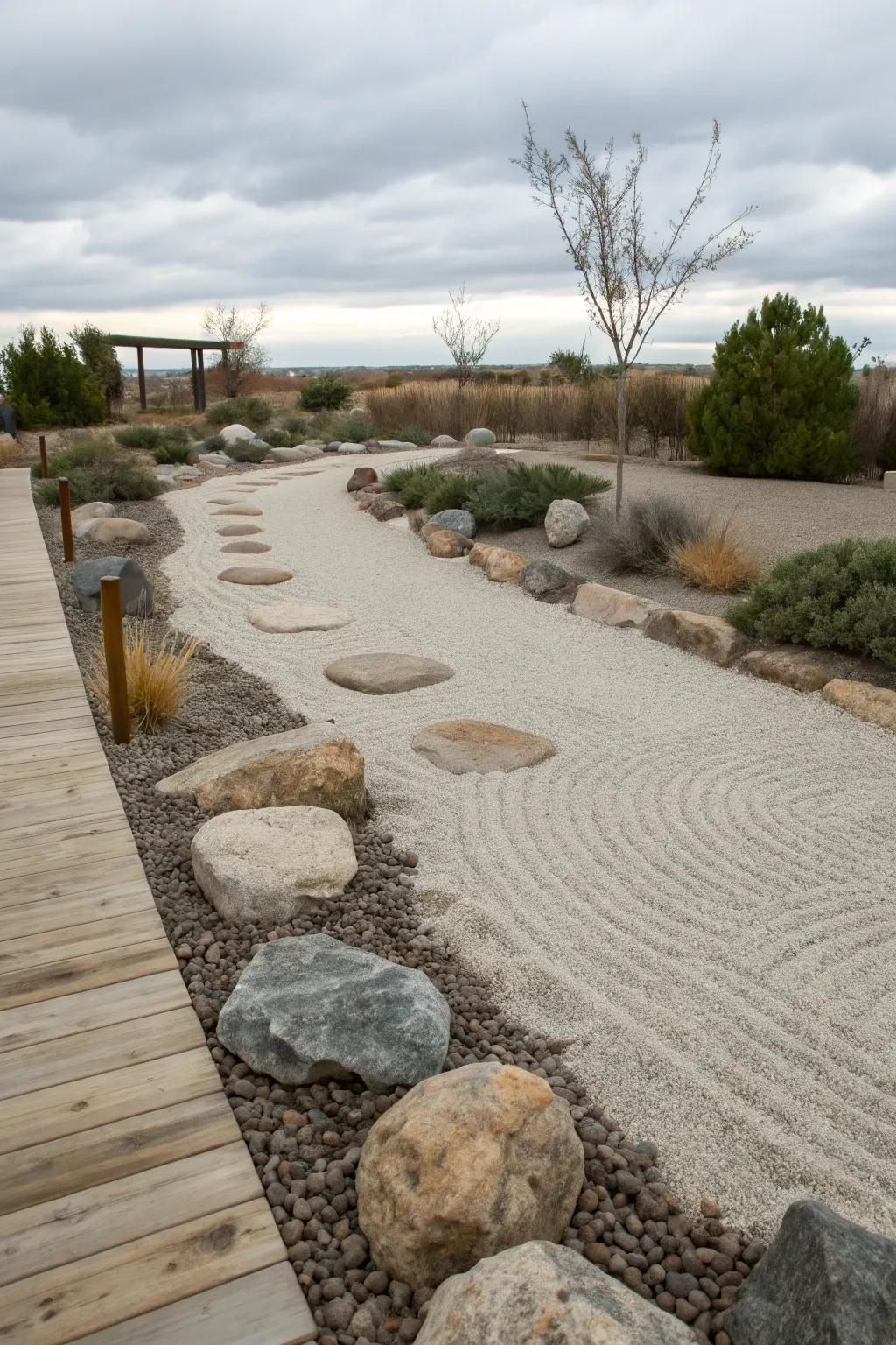 Zen garden components impart serenity to your dry creek bed landscape.