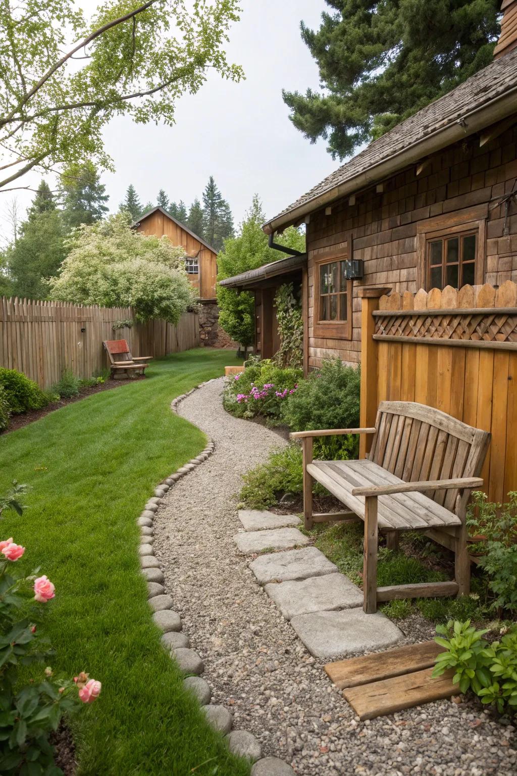 Rustic wooden accents add warmth to gravel pathways.