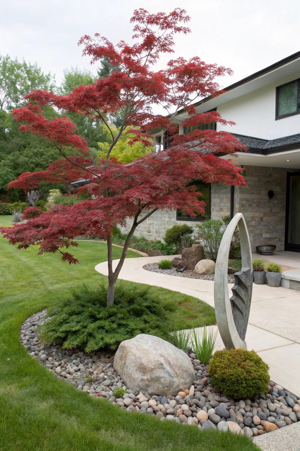 Sculptural elements add a personal and artistic touch to the landscape surrounding the Japanese maple.