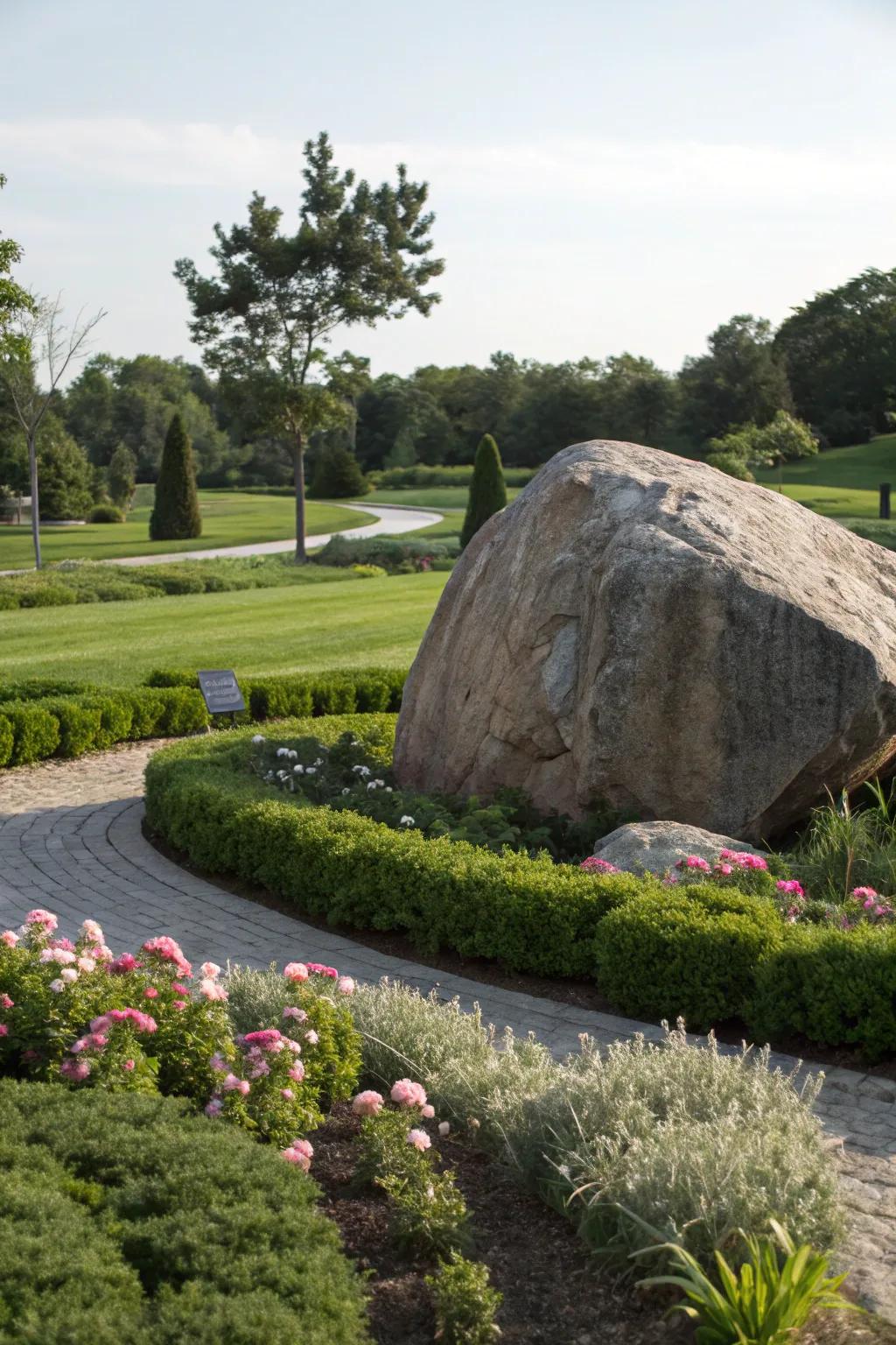 A striking solitary boulder commands attention in the garden.