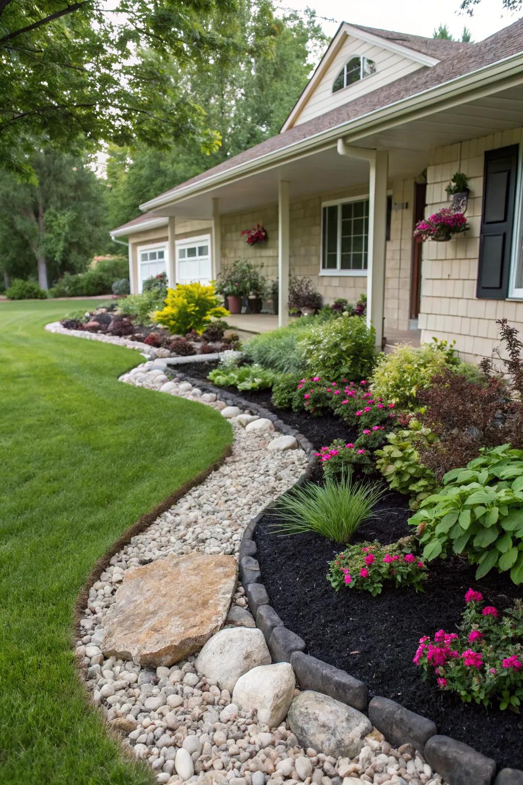 The contrast of tone and surface adds vibrancy to the front yard