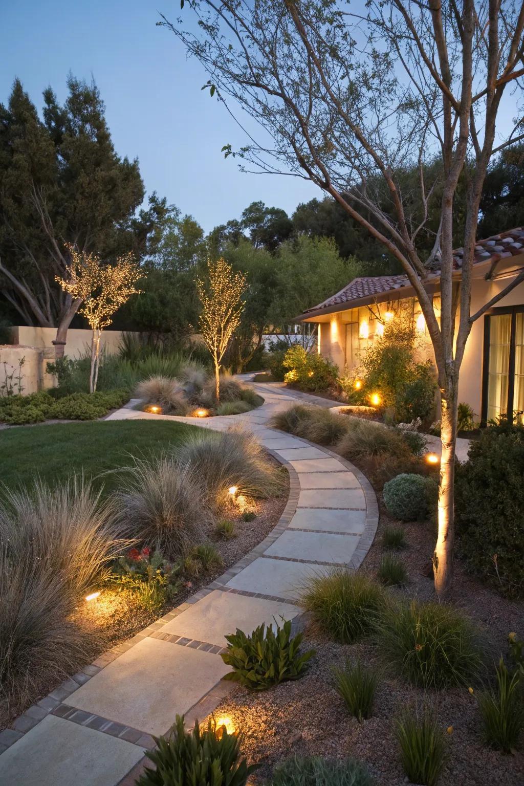 Atmospheric lighting elevating the beauty and safety of a xeriscaped yard.