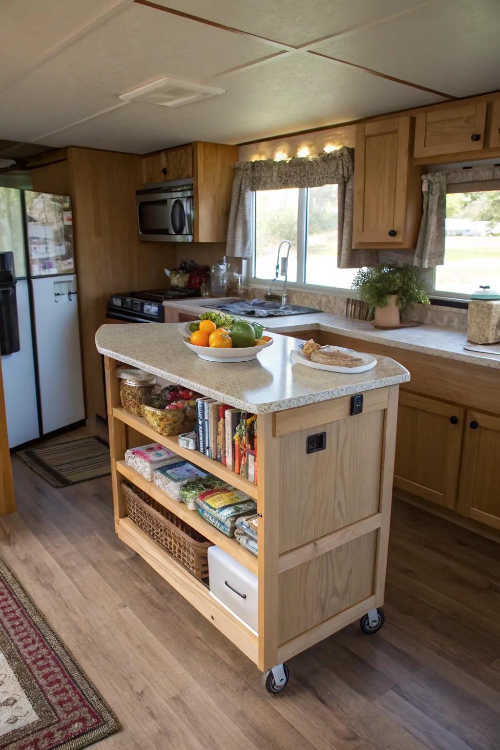 Versatile kitchen space with a rolling island.