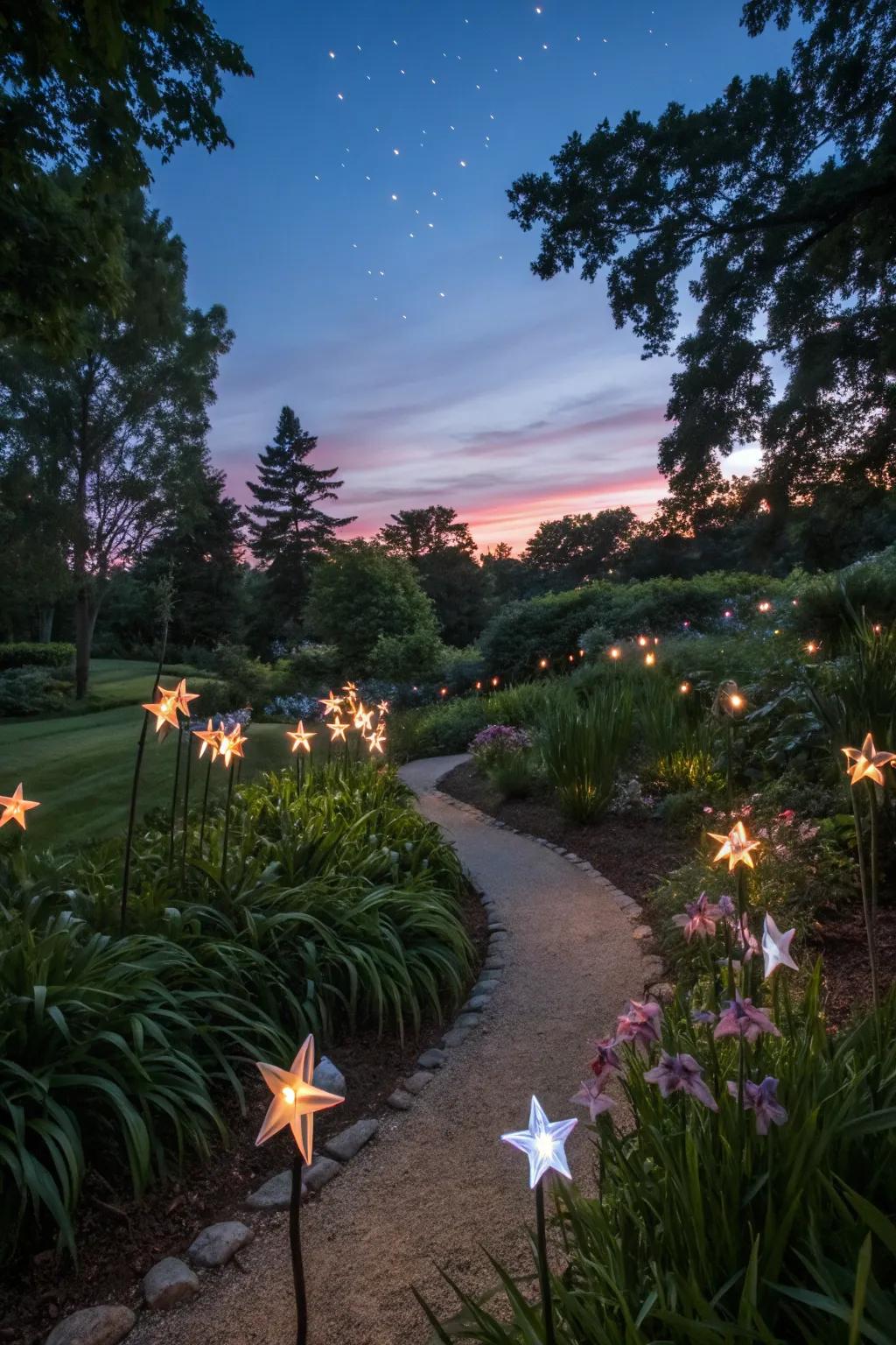 Starry posts transforming the garden into a night sky wonder.