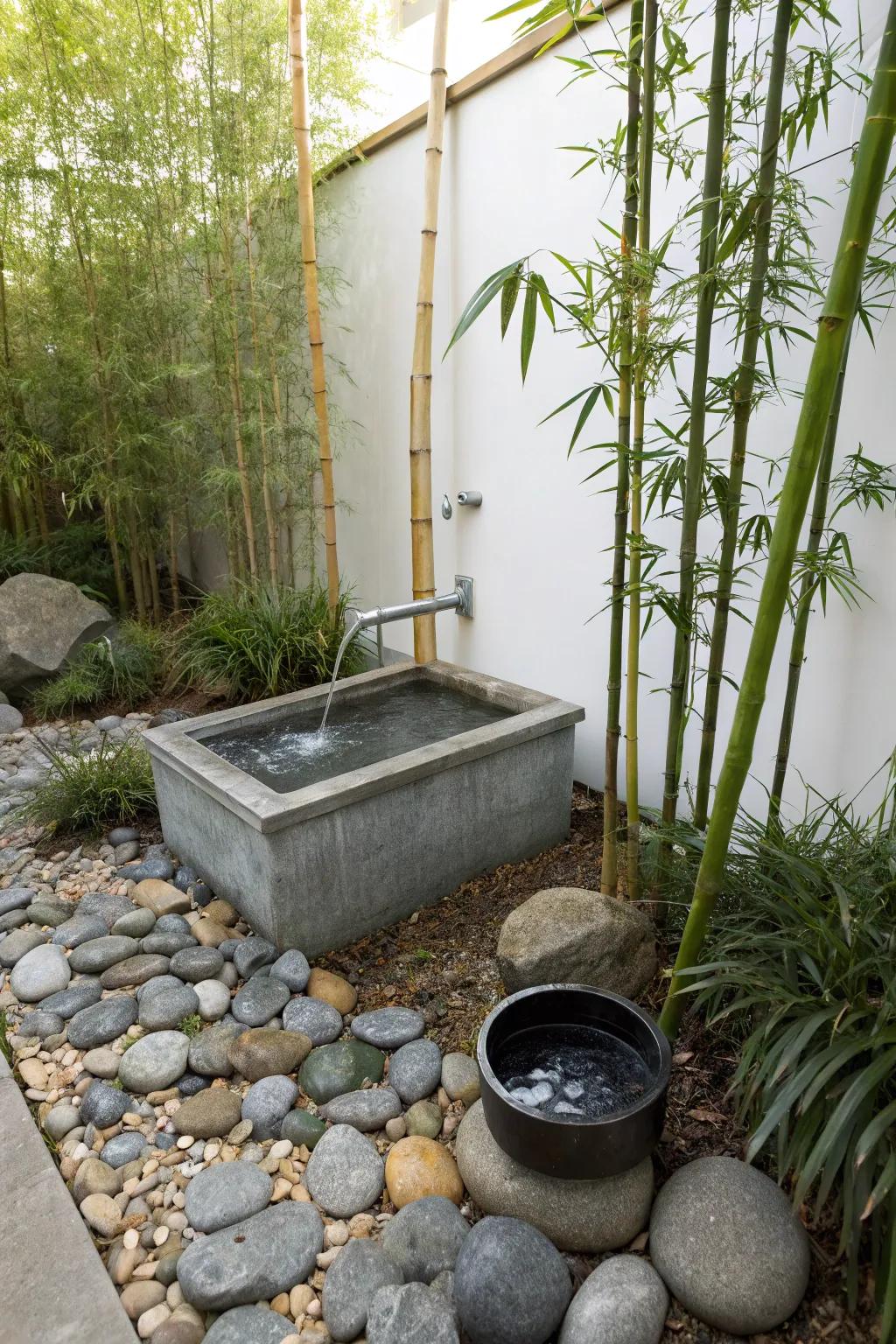 A galvanized trough fountain serves as the core of a Zen-inspired sanctuary.