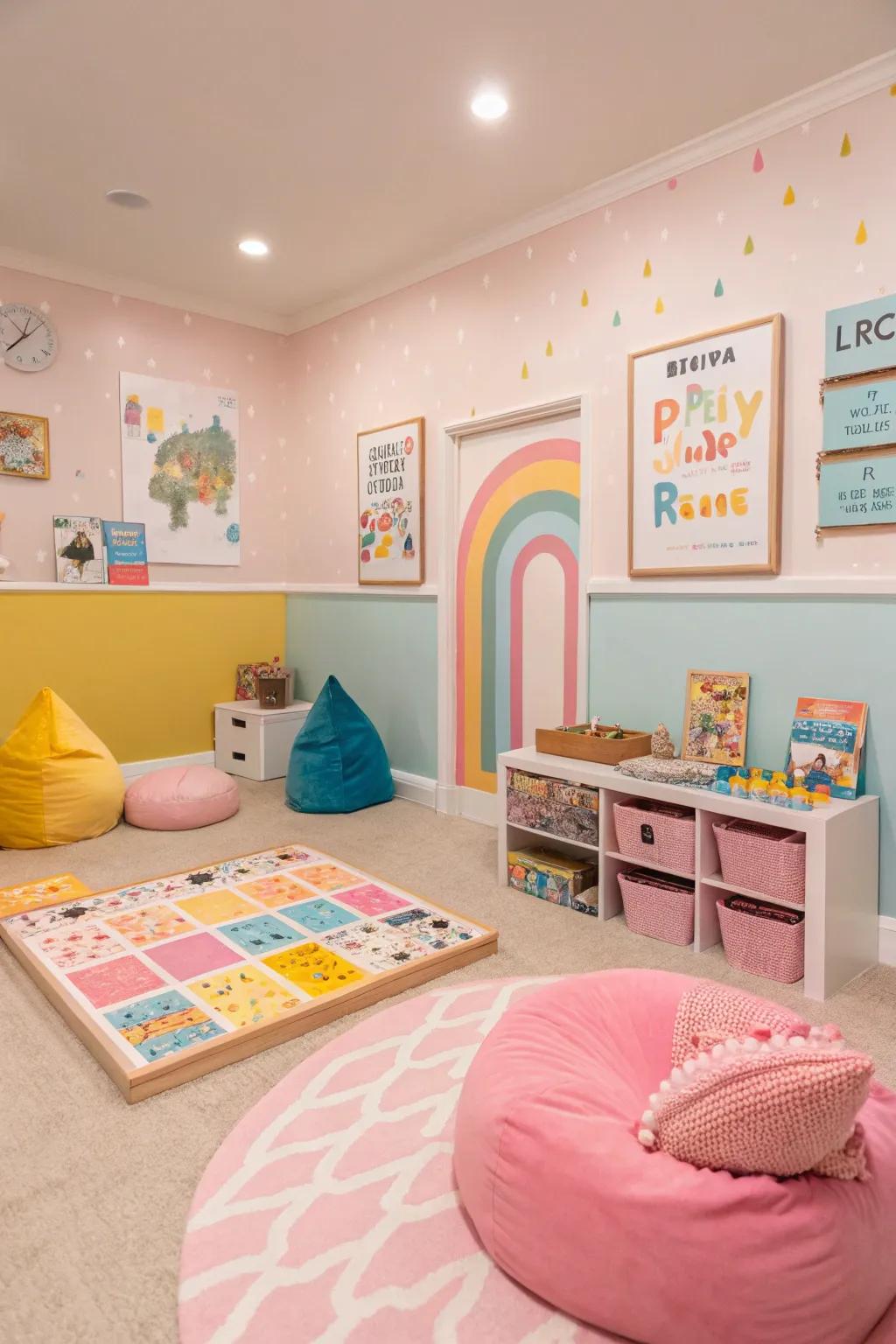 Pastel hues give a fun and lighthearted vibe to the game room.