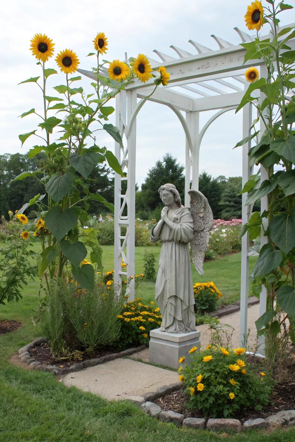 A sunflower-themed garden corner featuring an angel.