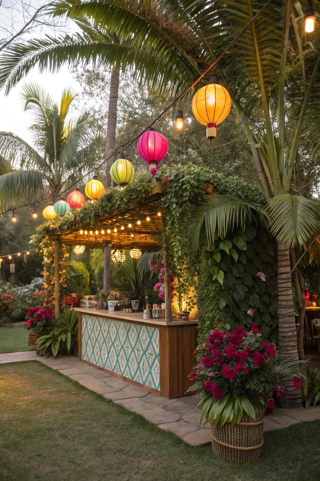 A vibrant tropical-themed garden bar.