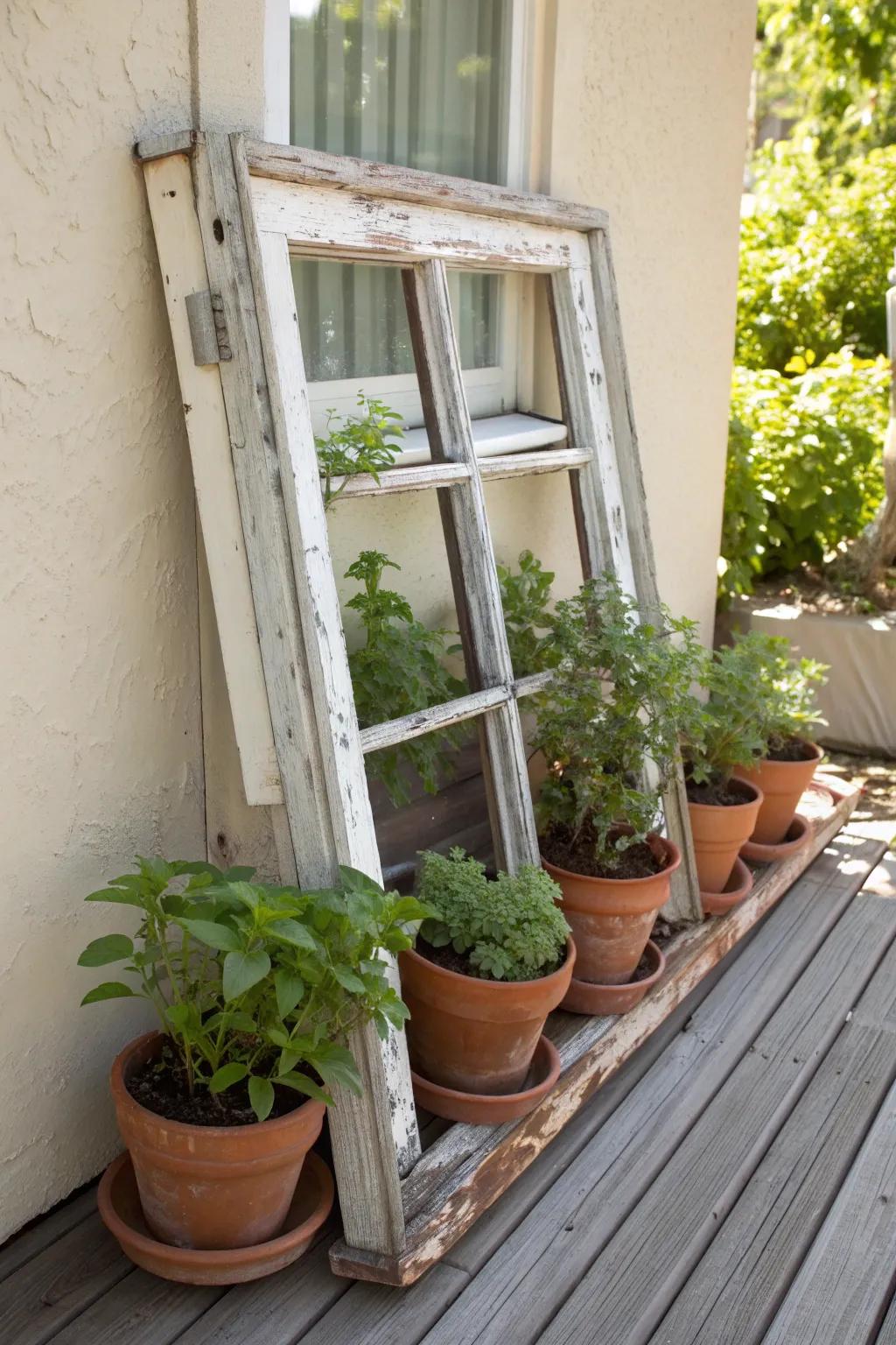 Transform your garden with a touch of vintage charm using a repurposed window frame stand.