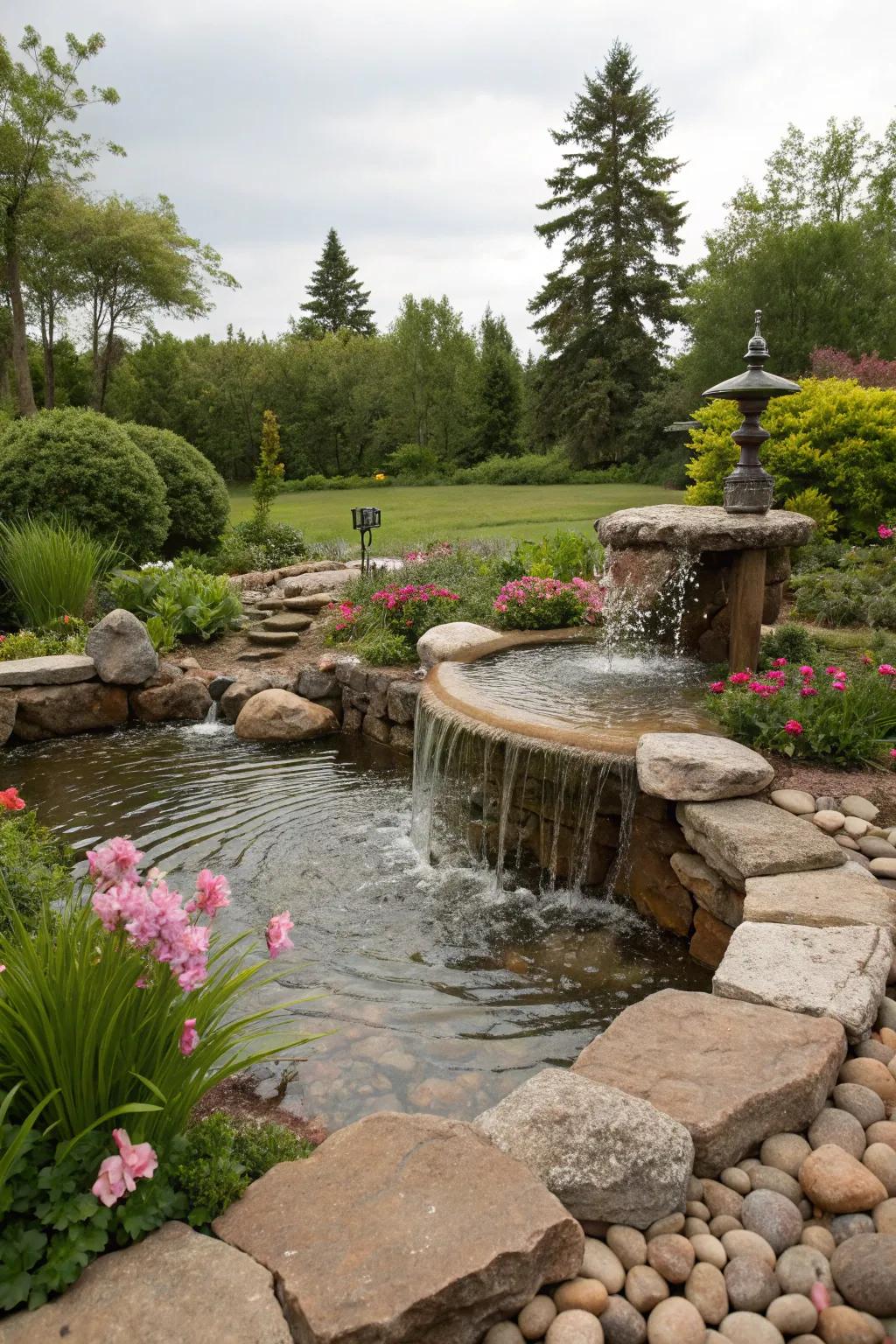 A soothing stone aquatic attribute bestowing tranquility upon the garden.