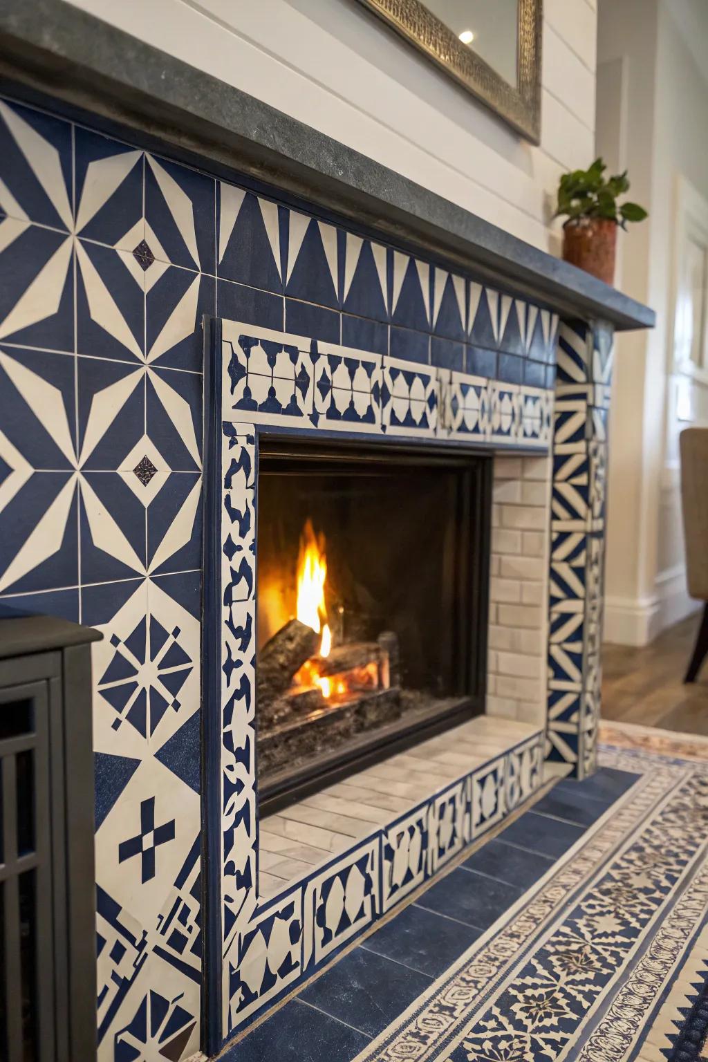 Elevate your fireplace with bold patterned tiles for a stunning focal point.