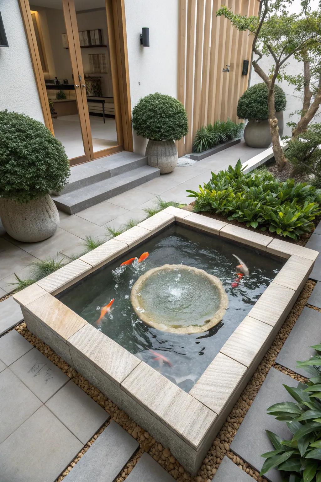 Discover the serenity of Scandinavian design with a bubbling stone goldfish pond.