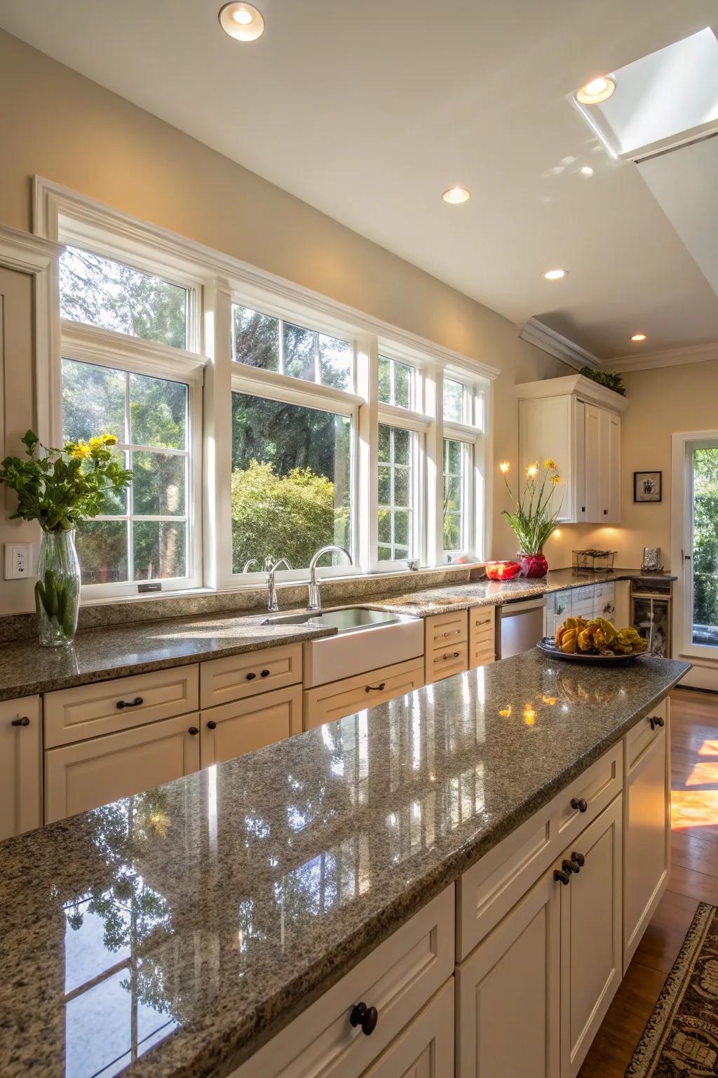 Reflective granite amplifies natural light in your cooking space.