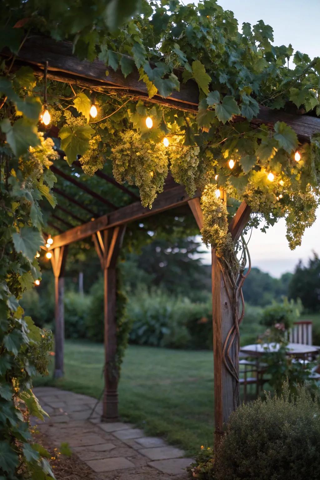 Sun beacons transform a grape arbor into a magical night retreat.