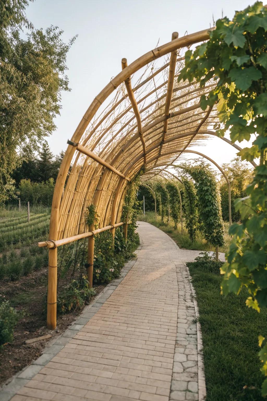 Embrace natural elegance with a curved bamboo arbor, where simplicity meets beauty.