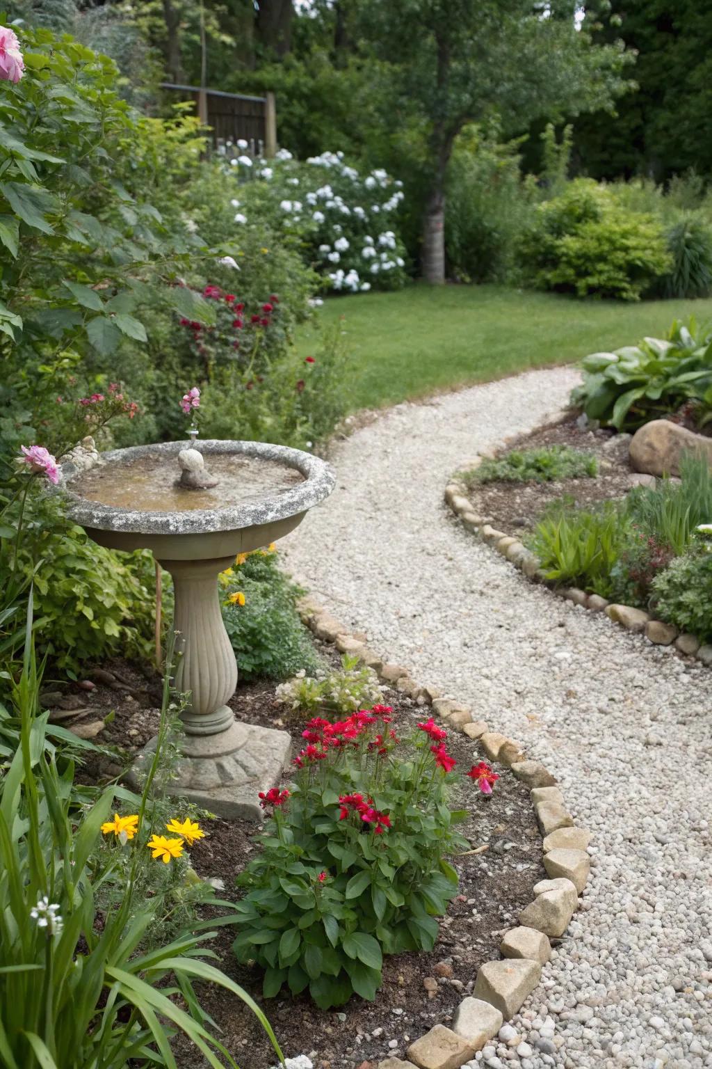 A wildlife-friendly gravel flower bed featuring a birdbath