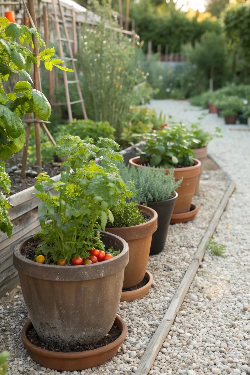 Edible plants add both beauty and functionality to the gravel garden.