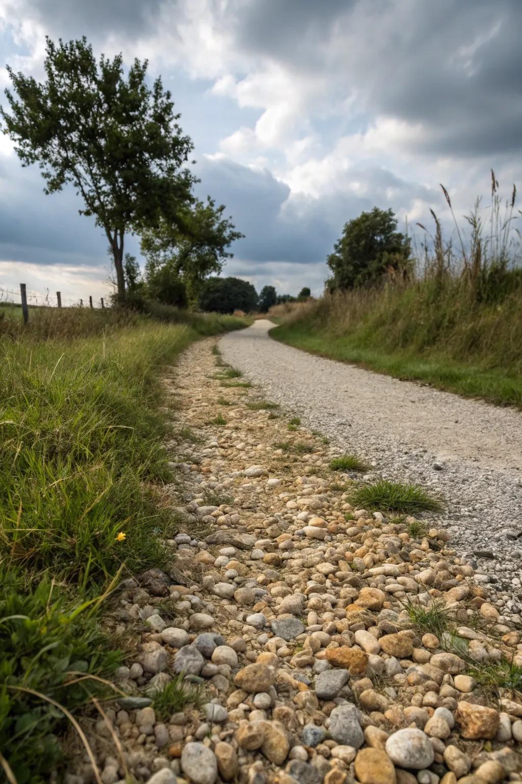 Mixed stone chip dimensions inject feel to a passageway.