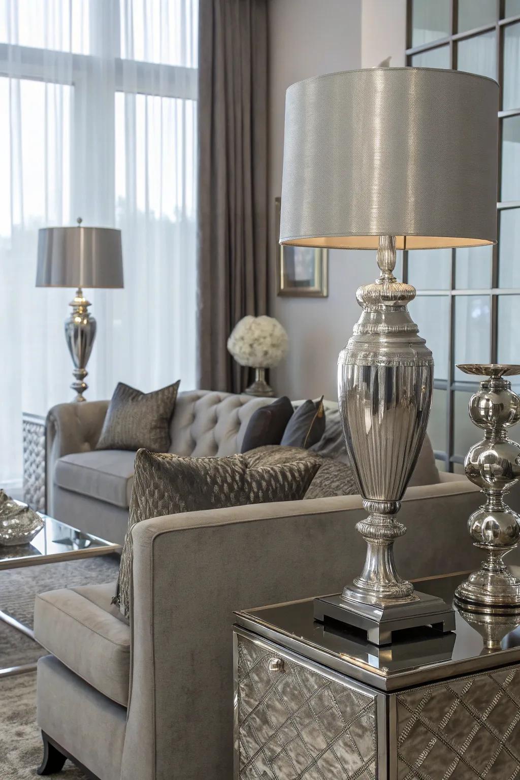 Metallic accents bring an element of luxury to gray interiors.